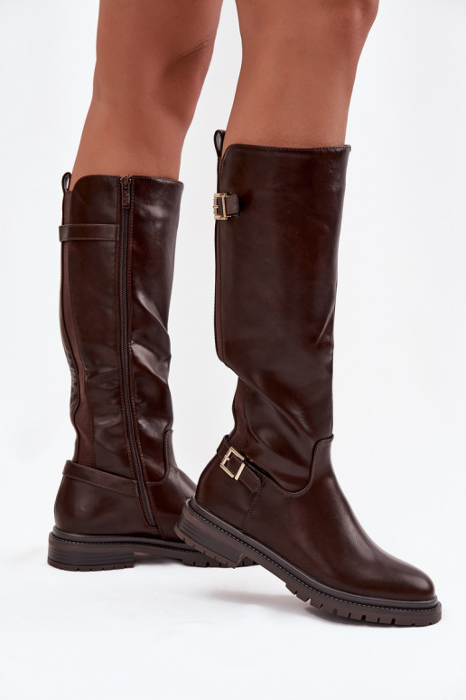 zateplené dámské dlouhé boty s širokými podpatky s přezkami Czekoladowe Sorelle