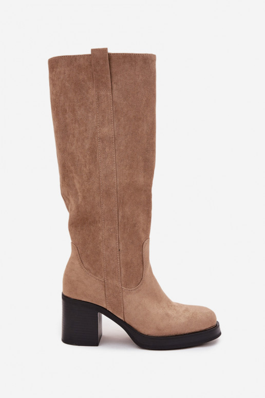 Teplé dlouhé kozačky silný podpatek béžové Sanelle