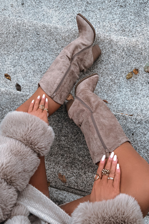 zateplené dlouhé boty kovbojský styl s podpatky Z z eko semišeu béžové Mavine