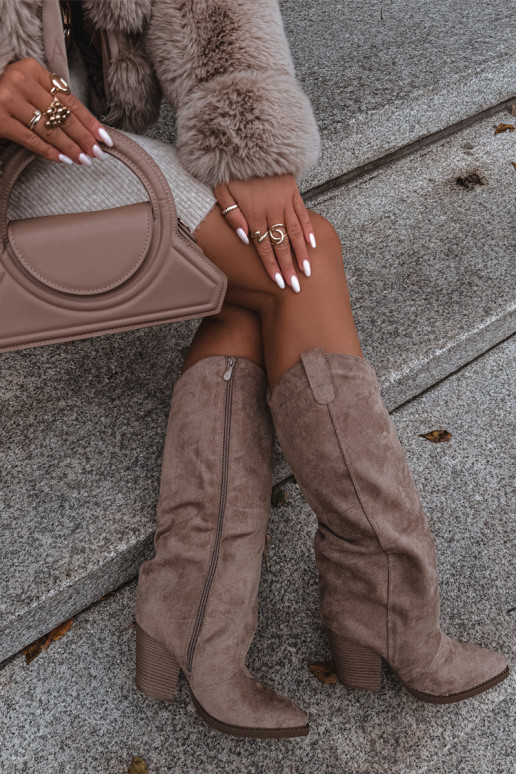 zateplené dlouhé boty kovbojský styl s podpatky Z z eko semišeu béžové Mavine