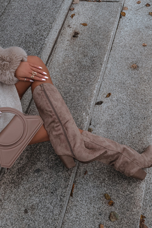 zateplené dlouhé boty kovbojský styl s podpatky Z z eko semišeu béžové Mavine