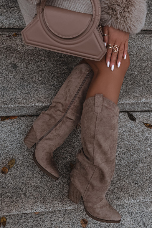 zateplené dlouhé boty kovbojský styl s podpatky Z z eko semišeu béžové Mavine