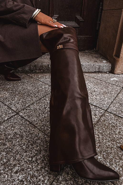 zateplené dlouhé boty Z Wywiniętą Cholewką nad kolena Obcas Słupek hnědá Serelle