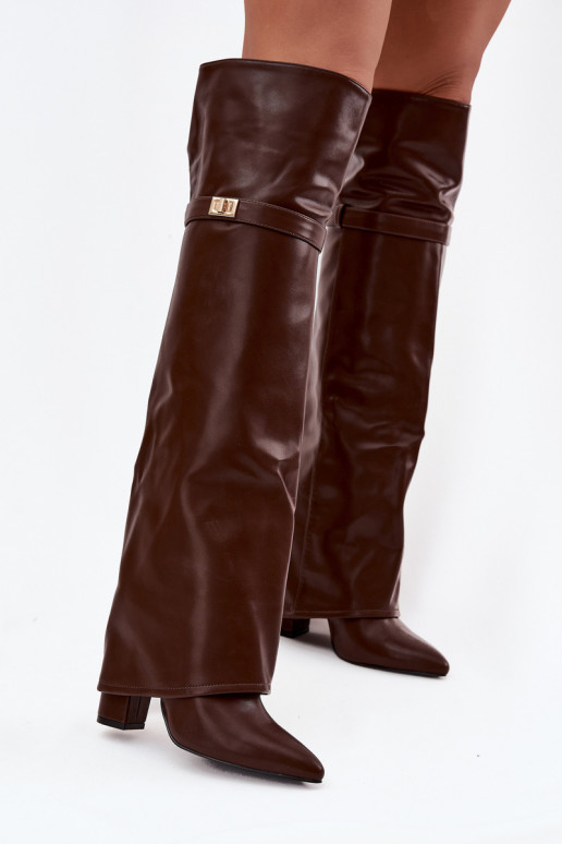 zateplené dlouhé boty Z Wywiniętą Cholewką nad kolena Obcas Słupek hnědá Serelle