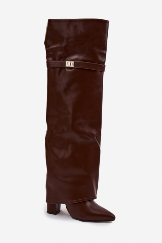 zateplené dlouhé boty Z Wywiniętą Cholewką nad kolena Obcas Słupek hnědá Serelle