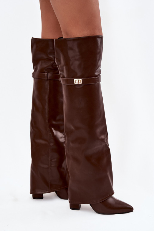 zateplené dlouhé boty Z Wywiniętą Cholewką nad kolena Obcas Słupek hnědá Serelle