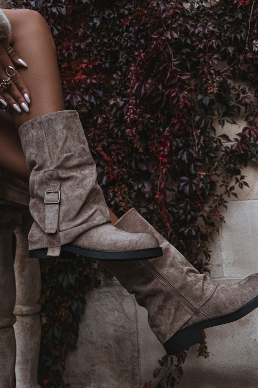 dámské dlouhé boty Z Wywiniętą Cholewką  s přezkami khaki Minelle