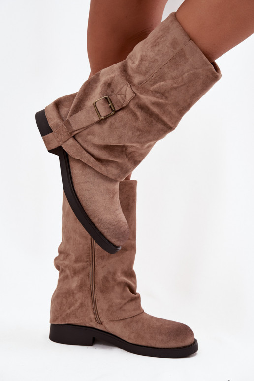dámské dlouhé boty Z Wywiniętą Cholewką  s přezkami khaki Minelle