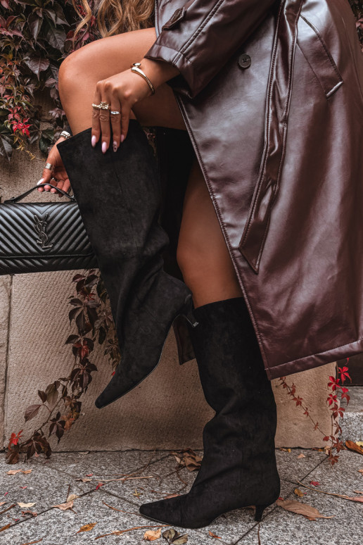 dámské dlouhé boty s podpatky Z z eko semišeu Černé Pheona