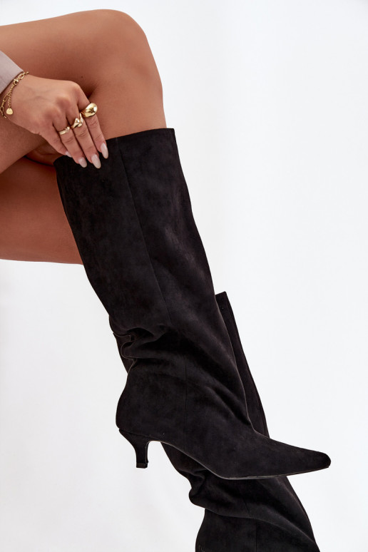 dámské dlouhé boty s podpatky Z z eko semišeu Černé Pheona