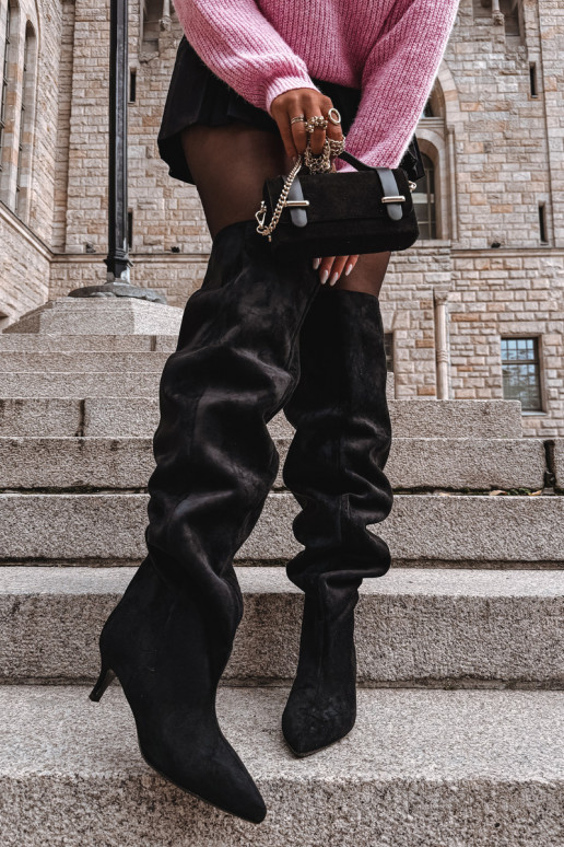 Slip-on vzor dámské dlouhé boty s tenkými podpatky Černé Ysolienne Slip-on vzor dámské dlouhé boty s tenkými podpatky Černé Ysolienne