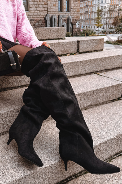 Slip-on vzor dámské dlouhé boty s tenkými podpatky Černé Ysolienne Slip-on vzor dámské dlouhé boty s tenkými podpatky Černé Ysolienne