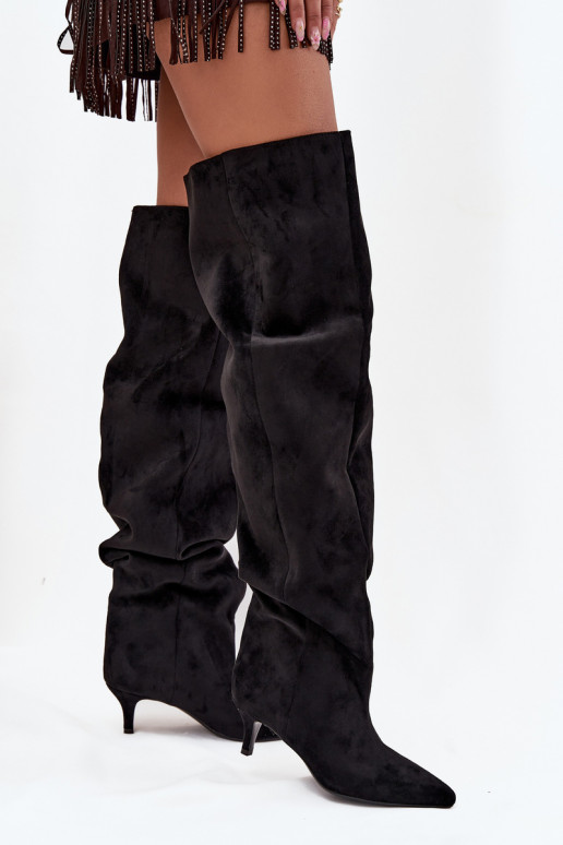 Slip-on vzor dámské dlouhé boty s tenkými podpatky Černé Ysolienne Slip-on vzor dámské dlouhé boty s tenkými podpatky Černé Ysolienne