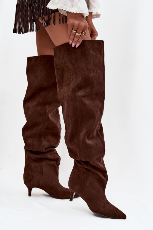 Slip-on vzor dámské dlouhé boty s tenkými podpatky Czekoladowe Ysolienne Slip-on vzor dámské dlouhé boty s tenkými podpatky Czekoladowe Ysolienne