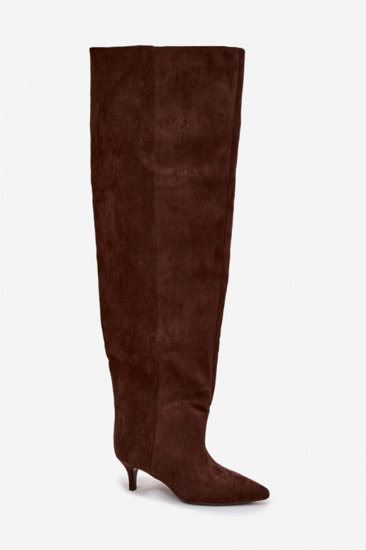 Slip-on vzor dámské dlouhé boty s tenkými podpatky Czekoladowe Ysolienne Slip-on vzor dámské dlouhé boty s tenkými podpatky Czekoladowe Ysolienne