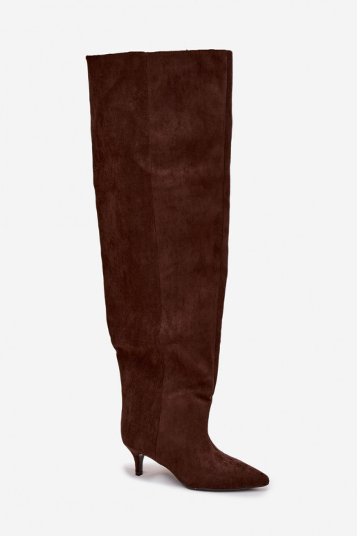 Slip-on vzor dámské dlouhé boty s tenkými podpatky Czekoladowe Ysolienne Slip-on vzor dámské dlouhé boty s tenkými podpatky Czekoladowe Ysolienne