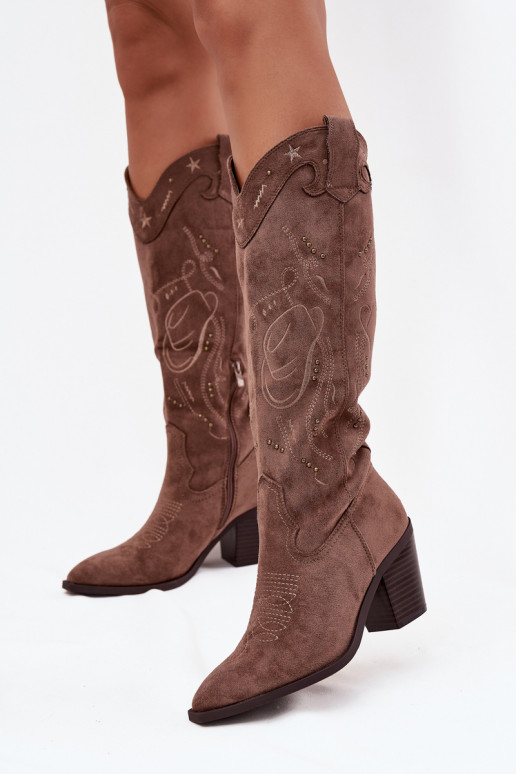 dlouhé boty kovbojský styl  s podpatky Z z eko semišeu khaki Coretta