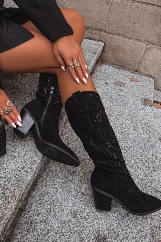 dlouhé boty kovbojský styl  s podpatky Z z eko semišeu Černé Coretta