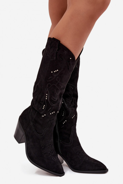 dlouhé boty kovbojský styl  s podpatky Z z eko semišeu Černé Coretta