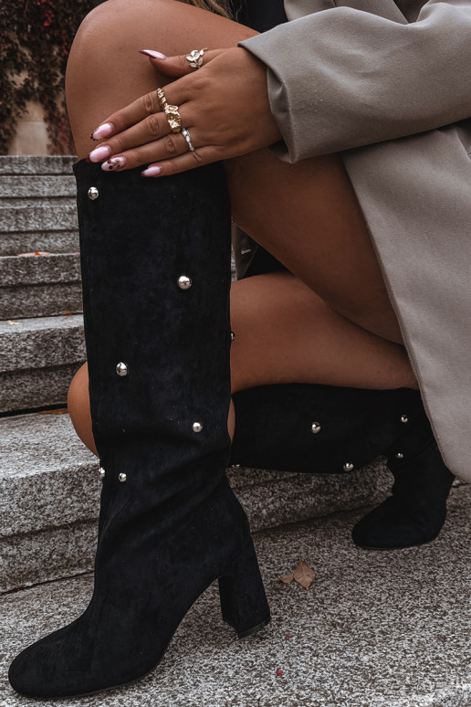 Teplé dlouhé kozačky s podpatky  Detalami Černé Lucinda