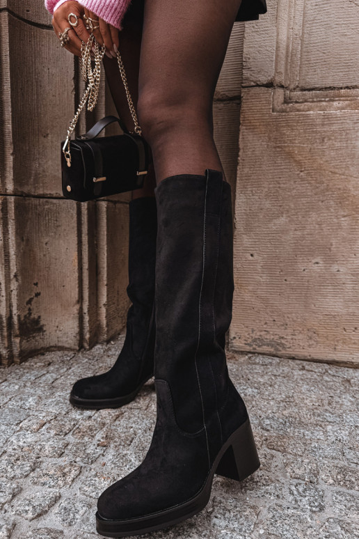 Teplé dlouhé kozačky silný podpatek Černé Sanelle