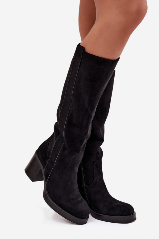 Teplé dlouhé kozačky silný podpatek Černé Sanelle