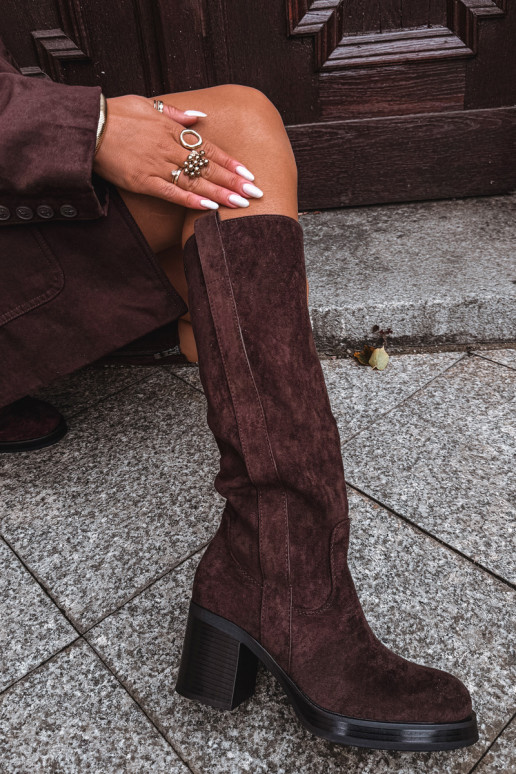 Teplé dlouhé kozačky silný podpatek Czekoladowe Sanelle