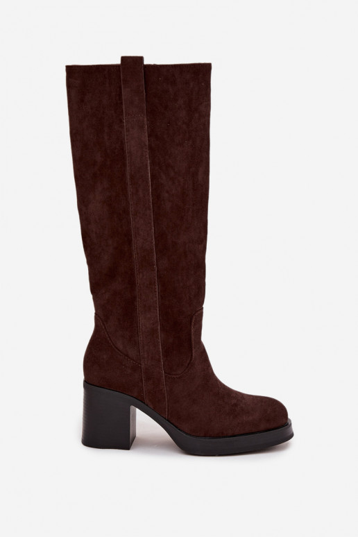 Teplé dlouhé kozačky silný podpatek Czekoladowe Sanelle