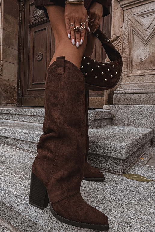 zateplené dlouhé boty kovbojský styl s podpatky Z z eko semišeu Czekoladowe Mavine zateplené dlouhé boty kovbojský styl s podpatky Z z eko semišeu Czekoladowe Mavine