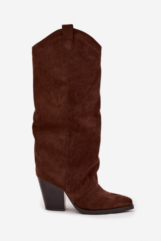zateplené dlouhé boty kovbojský styl s podpatky Z z eko semišeu Czekoladowe Mavine zateplené dlouhé boty kovbojský styl s podpatky Z z eko semišeu Czekoladowe Mavine