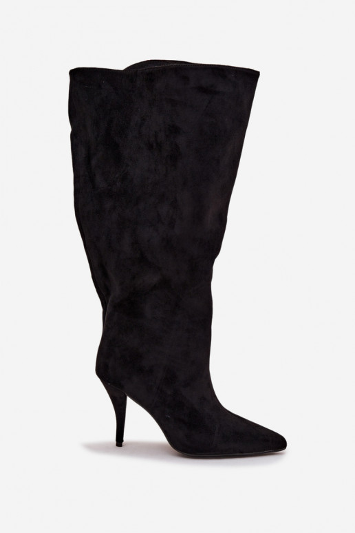 Slip-on vzor dámské dlouhé boty s tenkými podpatky Z z eko semišeu Černé Noretta