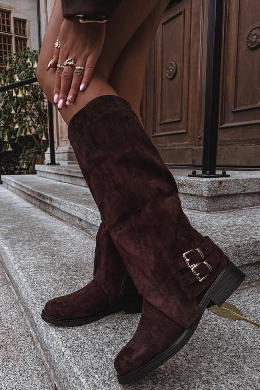 zateplené dámské dlouhé boty s přezkami Czekoladowe Umbria