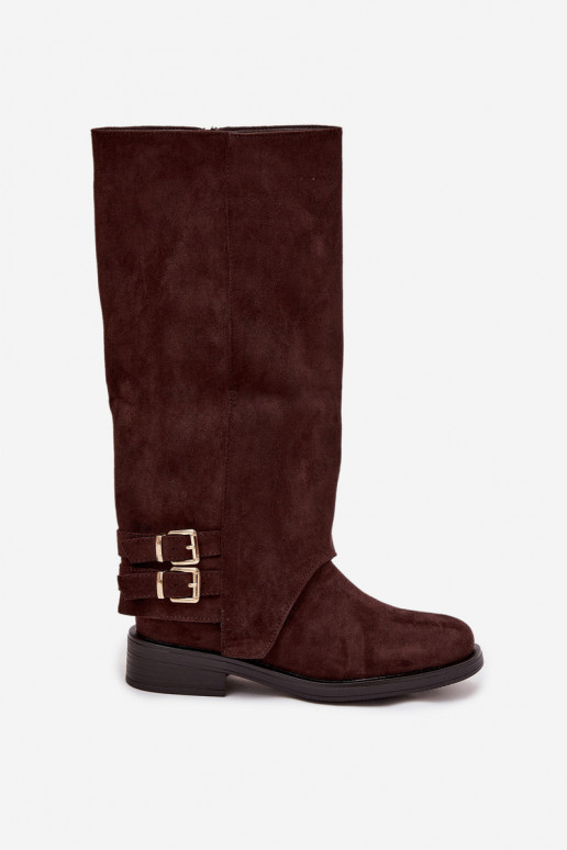 zateplené dámské dlouhé boty s přezkami Czekoladowe Umbria