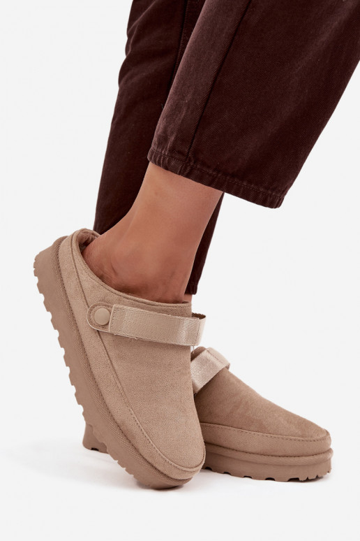  Pantofle zateplené s kožešinou uvnitř s platformou béžové Azida