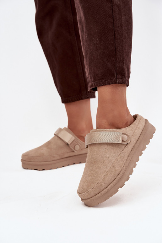  Pantofle zateplené s kožešinou uvnitř s platformou béžové Azida