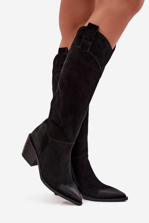 dlouhé boty kovbojský styl  s podpatky Z Naturalnego Zamszu Artiker 57C0232 Černé dlouhé boty kovbojský styl  s podpatky Z Naturalnego Zamszu Artiker 57C0232 Černé