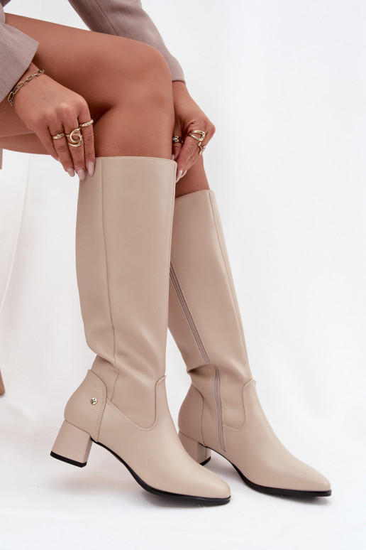 zateplené dámské dlouhé boty s podpatky  A7165-04 béžové  zateplené dámské dlouhé boty s podpatky  A7165-04 béžové