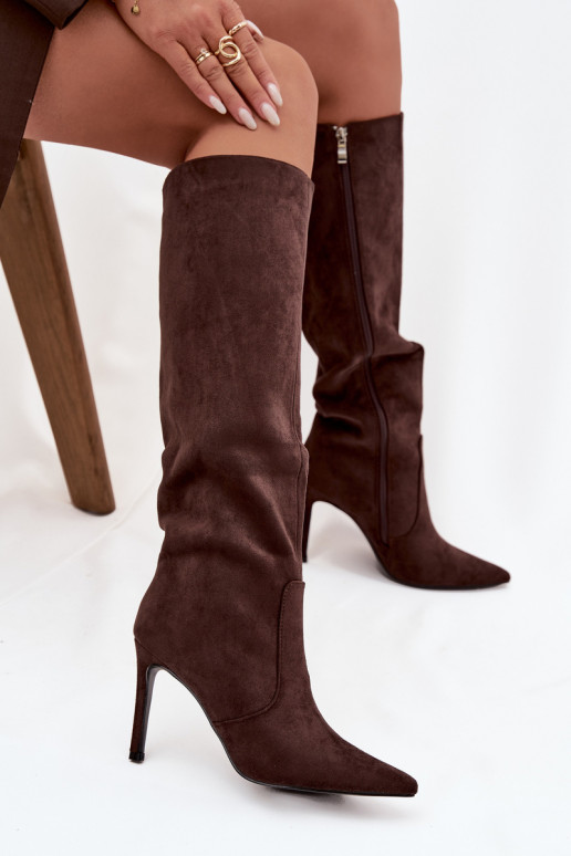zateplené dámské dlouhé boty s tenkými podpatky Z z eko semišeu Czekoladowe Rosavine zateplené dámské dlouhé boty s tenkými podpatky Z z eko semišeu Czekoladowe Rosavine