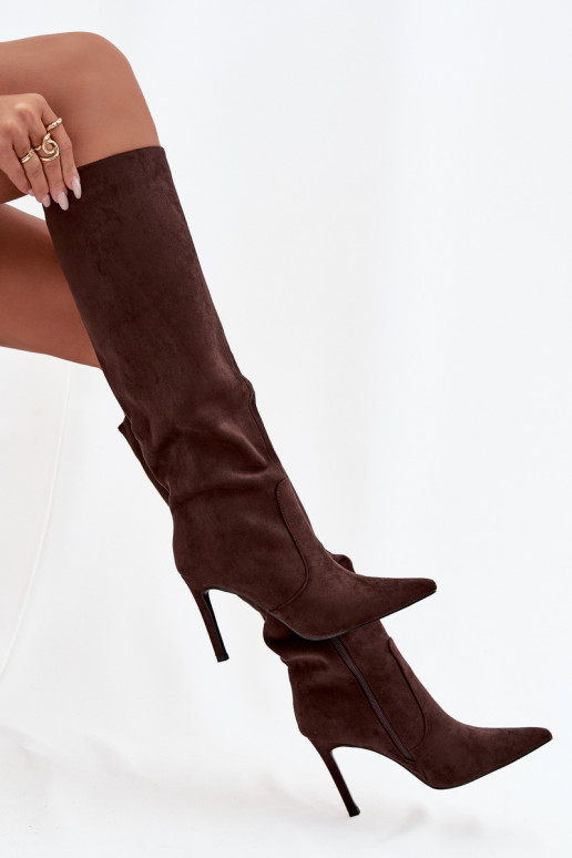 zateplené dámské dlouhé boty s tenkými podpatky Z z eko semišeu Czekoladowe Rosavine zateplené dámské dlouhé boty s tenkými podpatky Z z eko semišeu Czekoladowe Rosavine