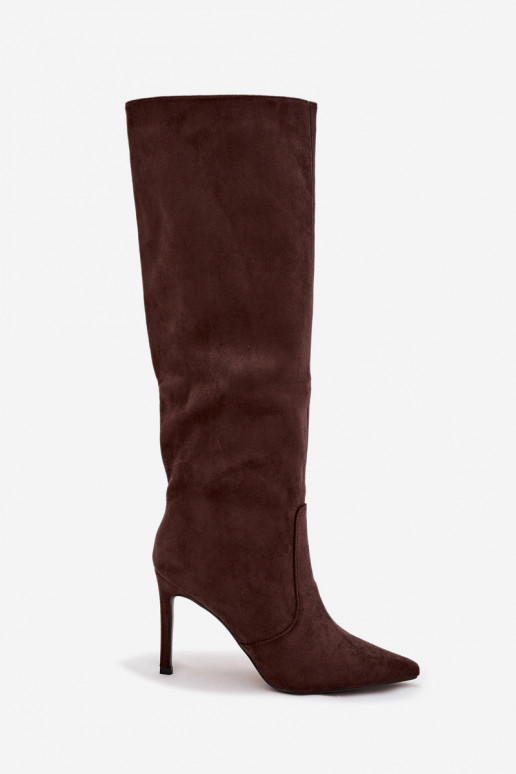 zateplené dámské dlouhé boty s tenkými podpatky Z z eko semišeu Czekoladowe Rosavine zateplené dámské dlouhé boty s tenkými podpatky Z z eko semišeu Czekoladowe Rosavine