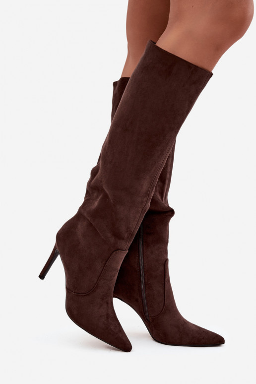 zateplené dámské dlouhé boty s tenkými podpatky Z z eko semišeu Czekoladowe Rosavine zateplené dámské dlouhé boty s tenkými podpatky Z z eko semišeu Czekoladowe Rosavine