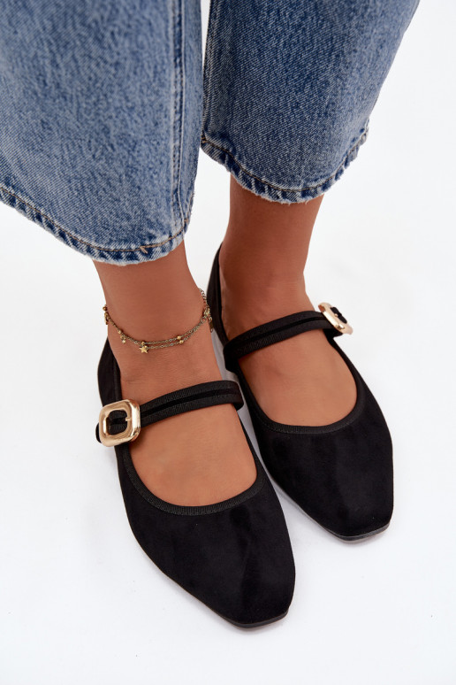 baleríny s popruhy I Złotą s přezkami z eko semišeowe Černé Adelora