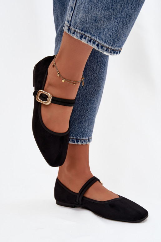 baleríny s popruhy I Złotą s přezkami z eko semišeowe Černé Adelora