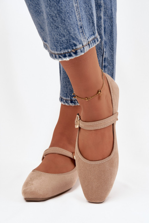 baleríny s popruhy I Złotą s přezkami z eko semišeowe béžové Adelora