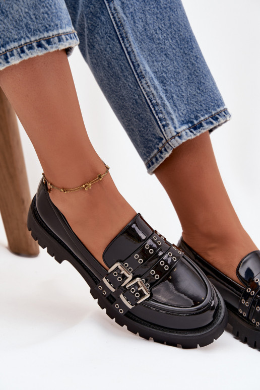 Dámské mokasíny s efektem laku s pruhy I stříbrné barvymi s přezkamimi Černé Gabrisse