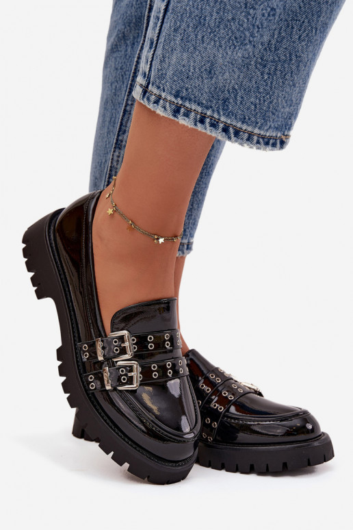 Dámské mokasíny s efektem laku s pruhy I stříbrné barvymi s přezkamimi Černé Gabrisse