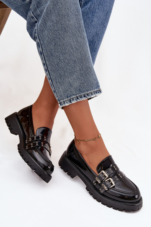 Dámské mokasíny s efektem laku s pruhy I stříbrné barvymi s přezkamimi Černé Gabrisse