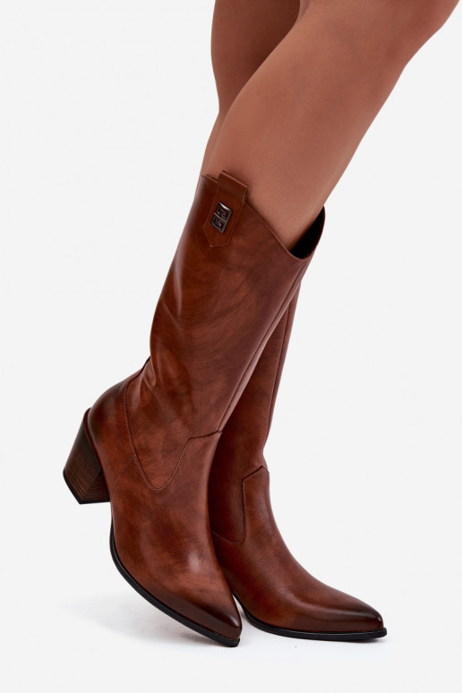 dlouhé boty kovbojský styl s podpatky zateplené Zazoo 70155 hnědá