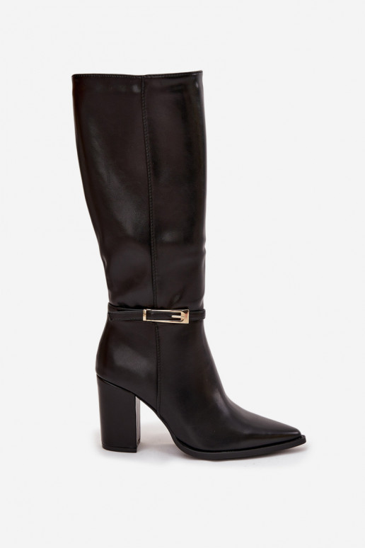 dámské dlouhé boty s podpatky s přezkami zateplené Černé Cirella