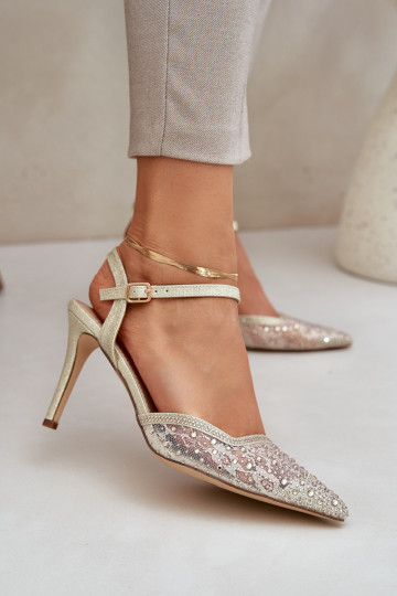 Zdobené Boty na vysokém podpatku s otevřenou patou zlaté barvy Nanadra